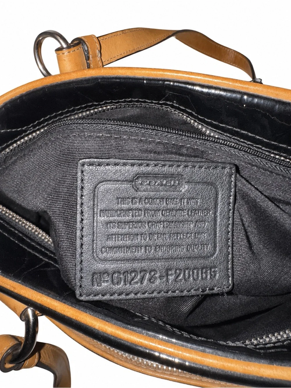Coach Black Patent Shoulder Bag with Tan Leather Trim